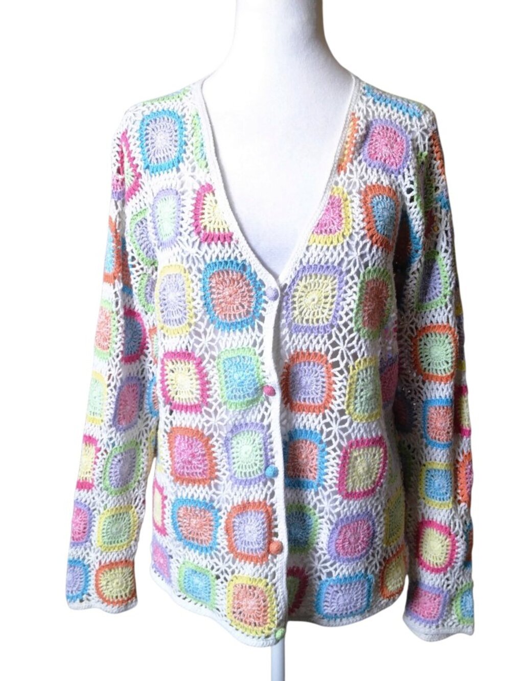 Appleseed's Women's Large Granny Square Crochet Cardigan Vintage Patchwork Boho